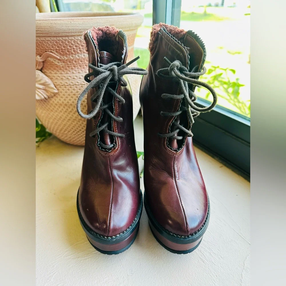 Opening Ceremony Victorian Laetitia 2 Lace Up Lug Boot Wine Retro Color SZ 38/US